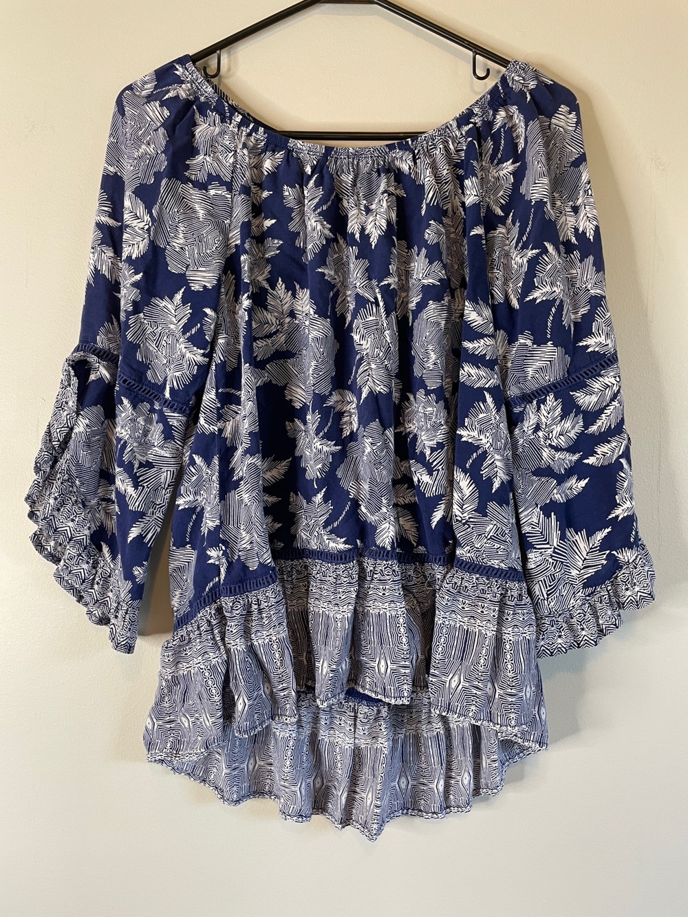 Fever Navy Blue and White Floral Off-Shoulder Peasant Top